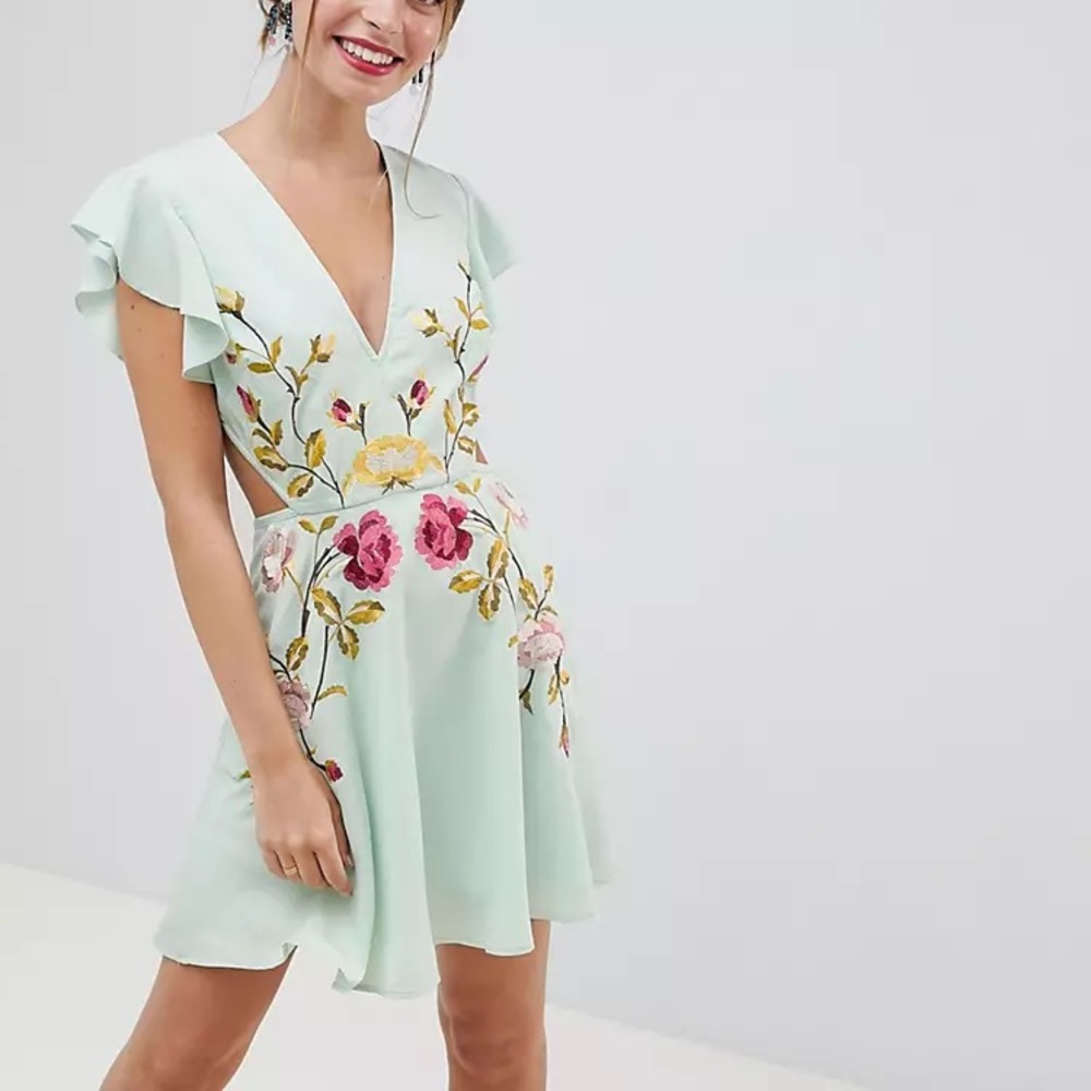 ASOS DESIGN embroidered skater mini dress with cut out sides